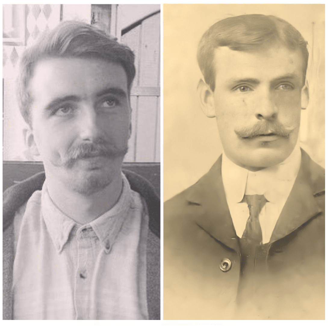 On the left is Ann’s son Nathan, born in 1992 in North Ireland; on the right is Nathan’s great-great-grandfather Richard Mcmanus, born in 1877 in Massachusetts.