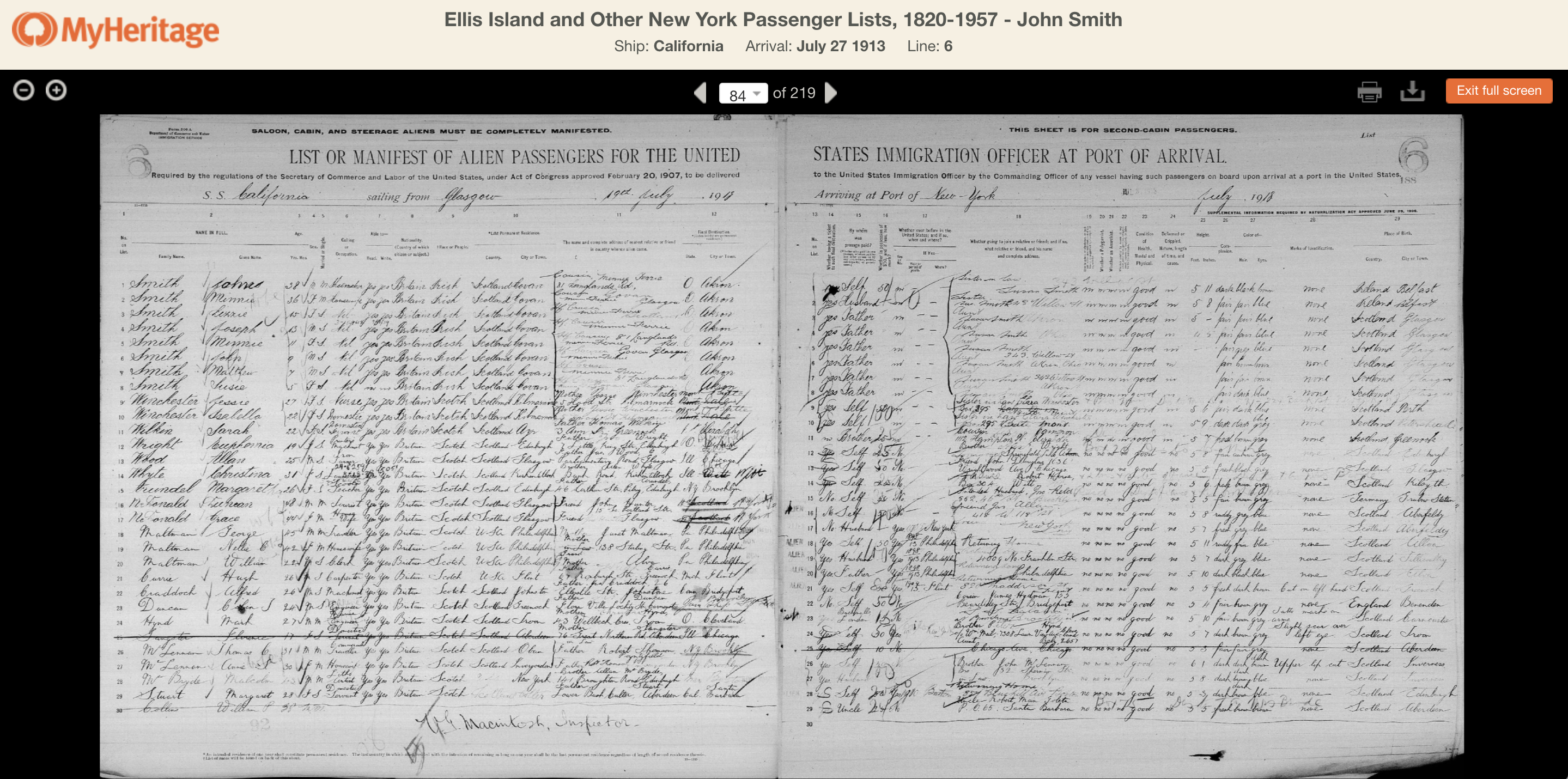 Ellis Island and other New York Passenger Lists, 1820–1957 – John Smith, MyHeritage SuperSearch.