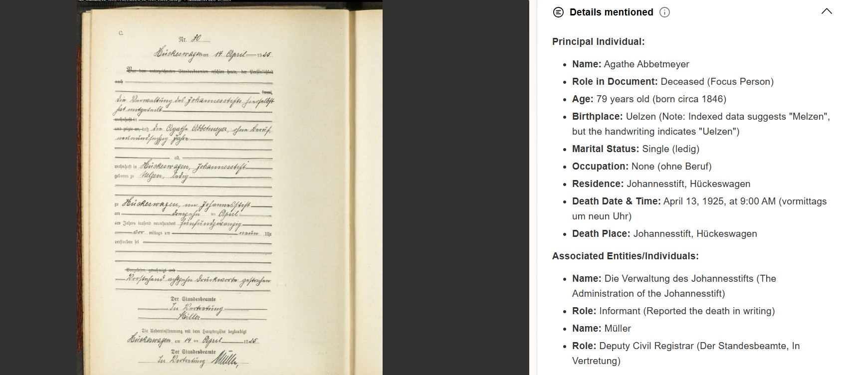Civil death register of a person with the rare surname Abbetmeyer