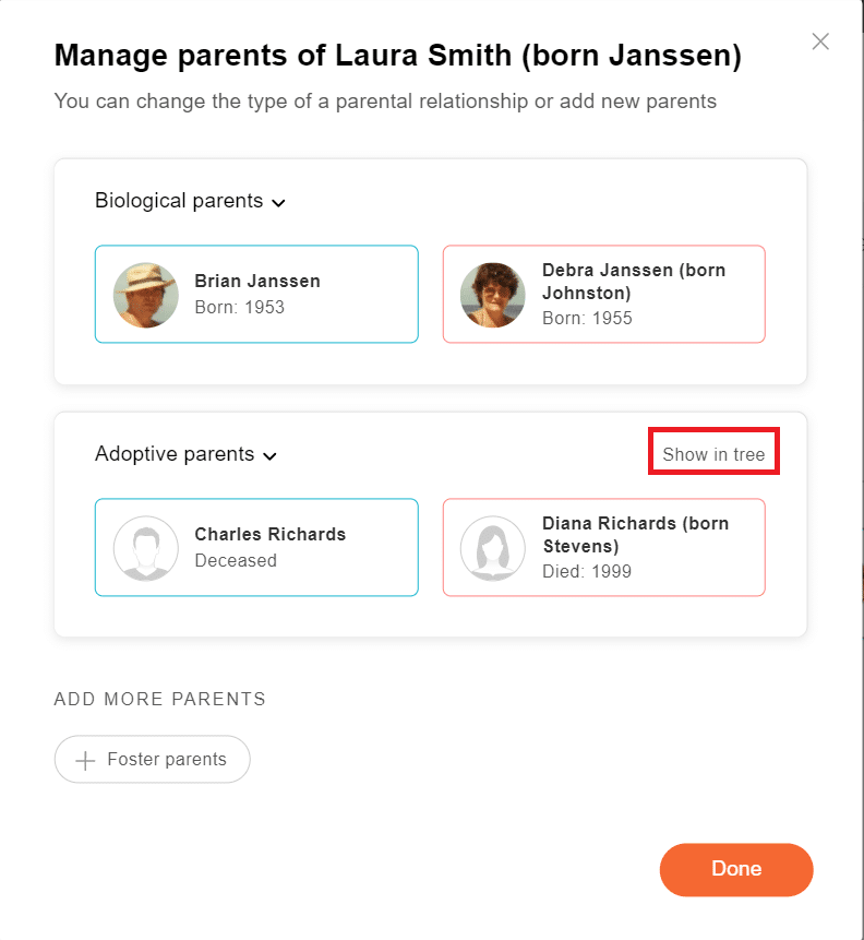 Clique em “Mostrar na árvore” para ver o novo conjunto de pais (clique para ampliar)