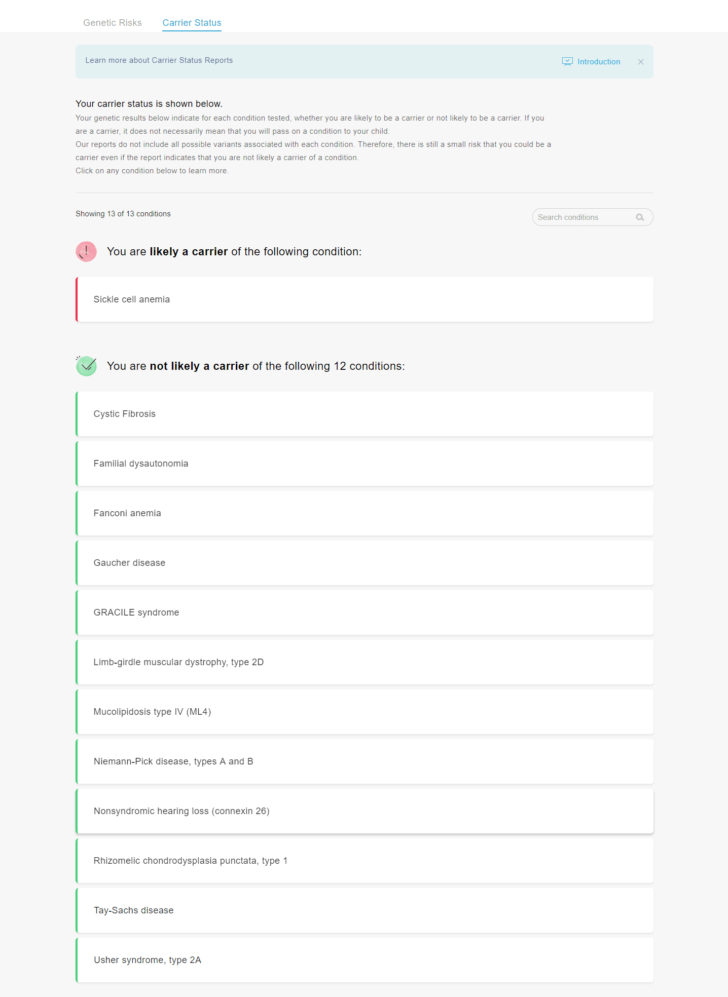 A sample carrier status overview page