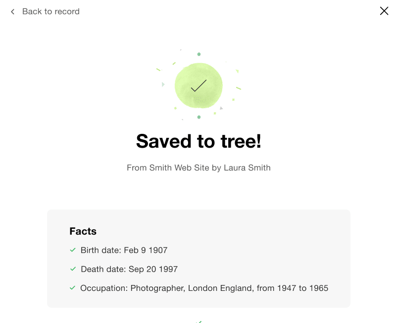 Success message after saving facts to the tree