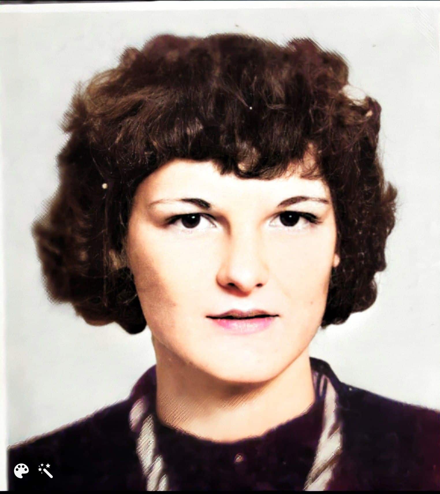 Susan's mother. Photo enhanced, repaired, and colorized by MyHeritage