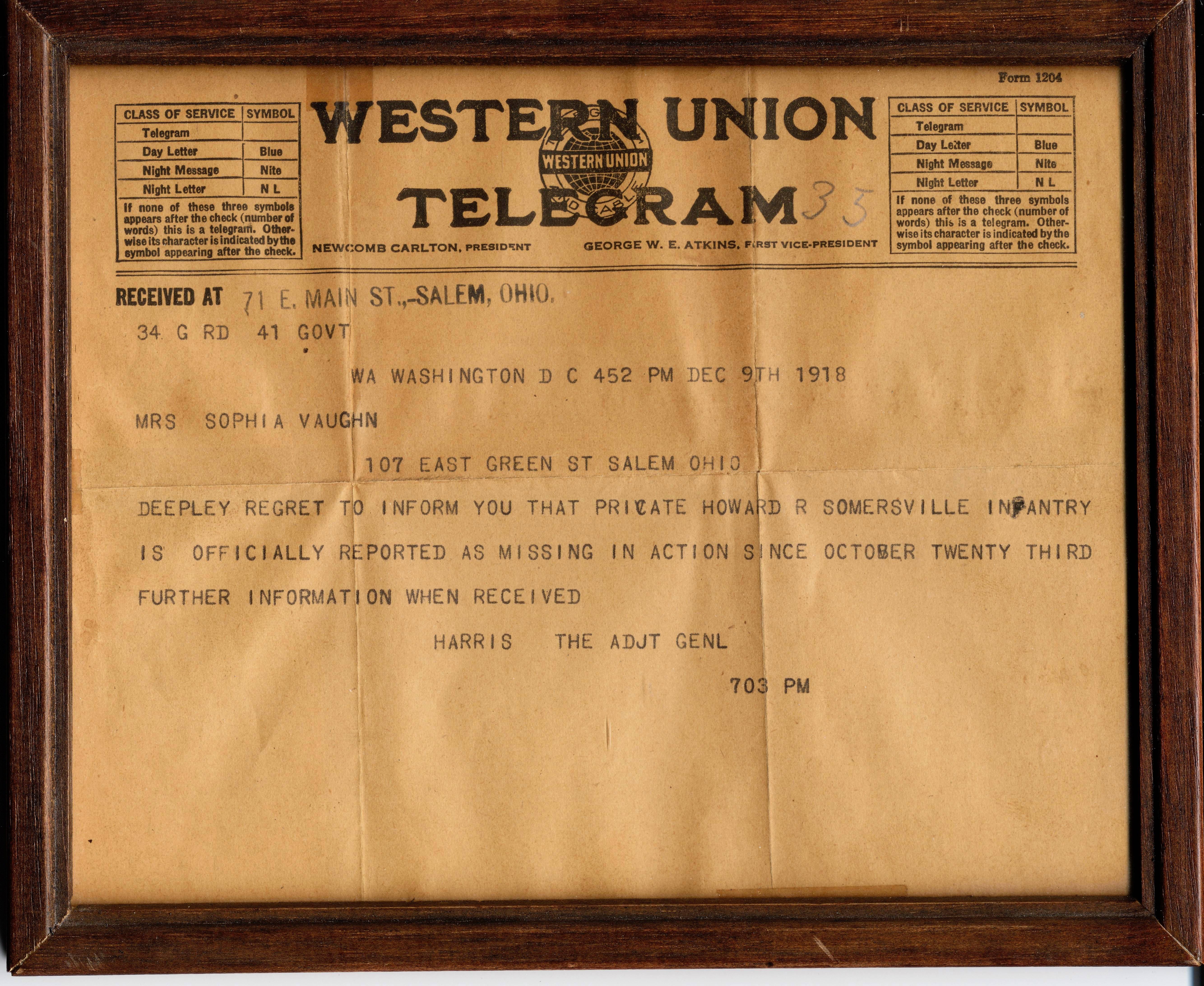 Telegram sent to Sophia Vaughn regarding her son who was reported as missing in action.