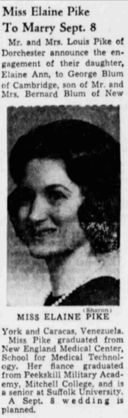 Newspaper report of the engagement of George Blum to Elaine Pike in The Boston Globe, April 28, 1963. From the Massachusetts Newspapers, 1704–1974 collection on MyHeritage