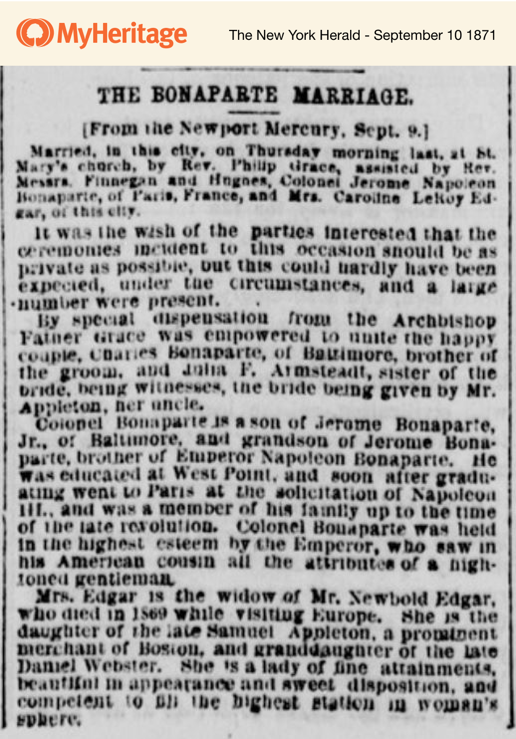Announcement of the 1871 marriage of Jerome Bonaparte and Caroline Appleton. MyHeritage historical record collections.