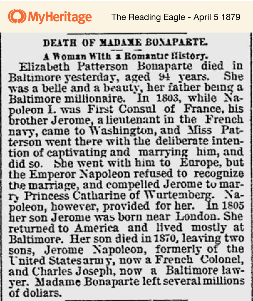 Als Elizabeth Patterson Bonaparte starb, versäumte es die Presse nicht, über ihre romantische Ehe zu berichten.