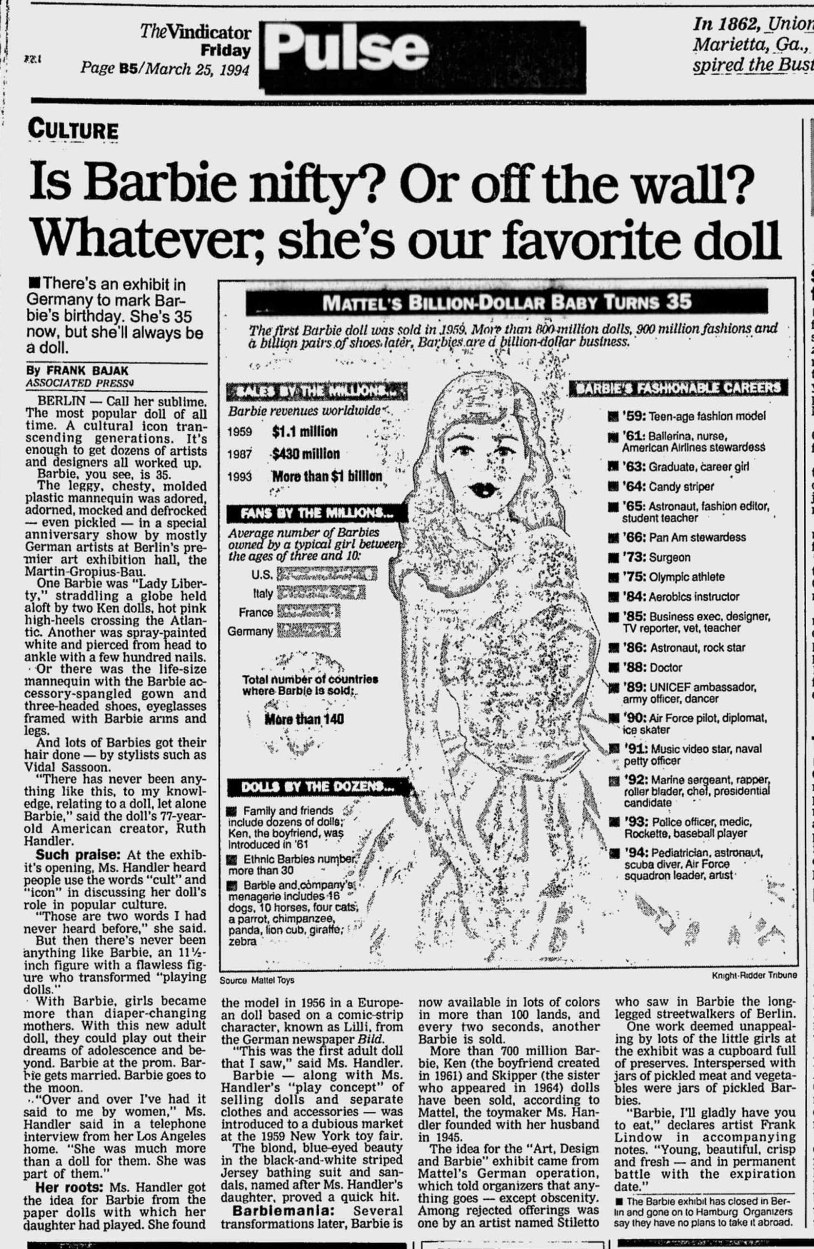 Article about Barbie's 35th birthday exhibition in Berlin in The Vindicator, March 25, 1994