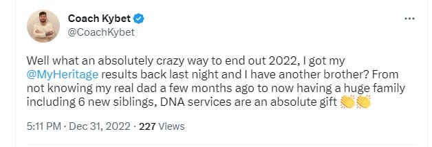 Rhys’s tweet sharing the news of his exciting DNA Match