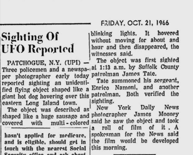 Article from the Washington Reporter in October 1966 about a UFO sighting from the MyHeritage newspaper collections