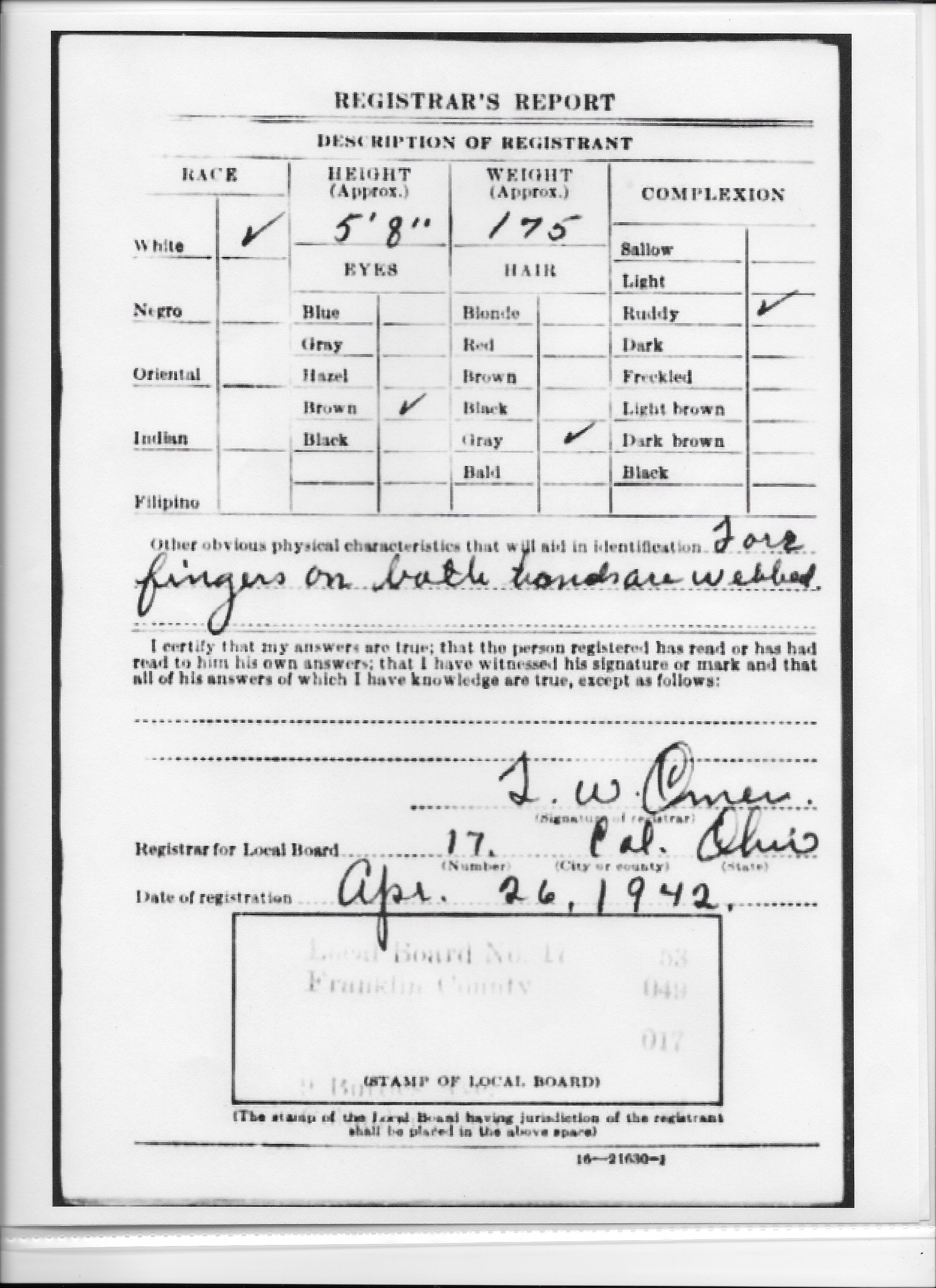 Registrar Report for Kirben Kibler, 1942.