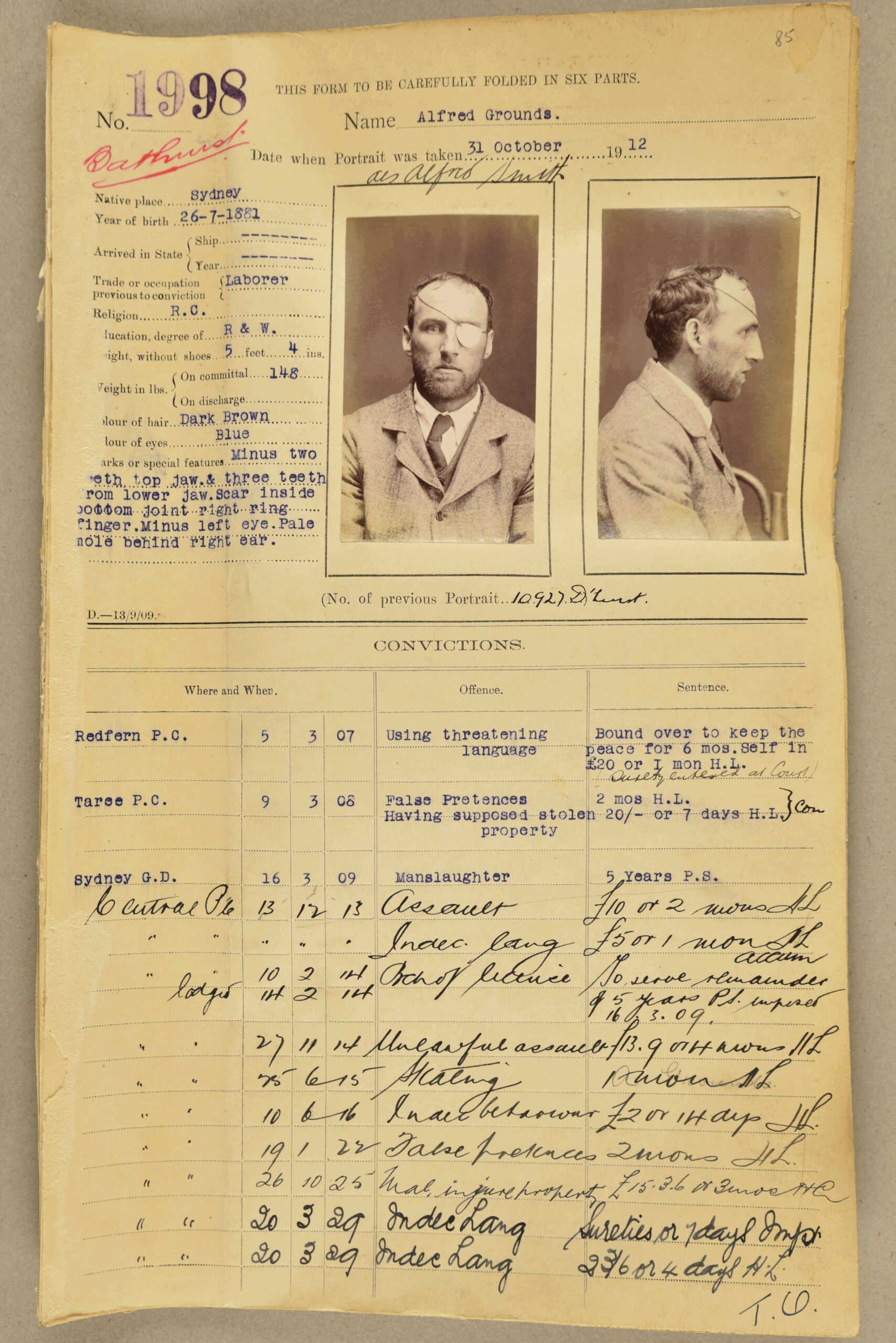 Record of Alfred Grounds from MyHeritage New South Wales Gaol Inmates & Photos