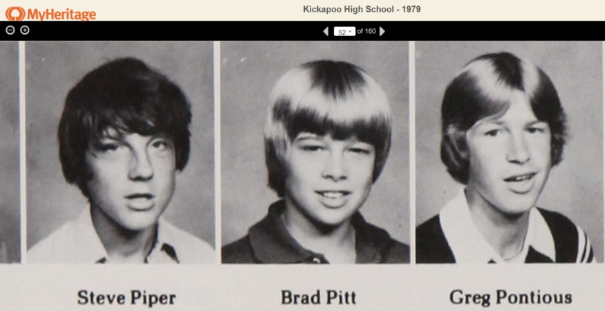 Brad Pitt pictured in the center. Kickapoo High School Yearbook, 1979. MyHeritage U.S. Yearbooks, 1890-1979 Collection