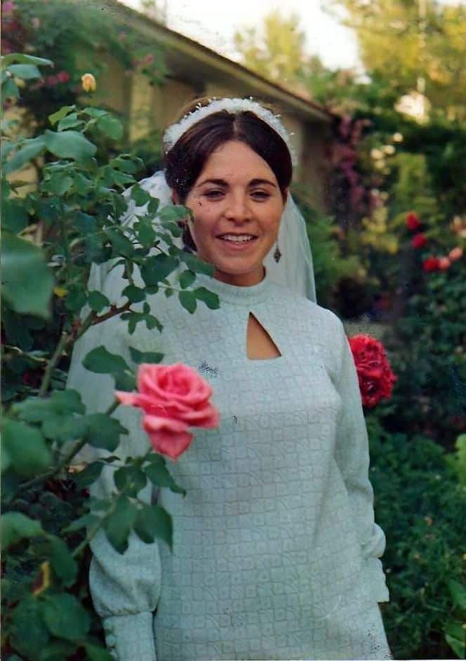 Left: faded color photo — a bride on her wedding day, Kibbutz Ramat Hashofet, Israel, June 1968. Right: the color-restored result
