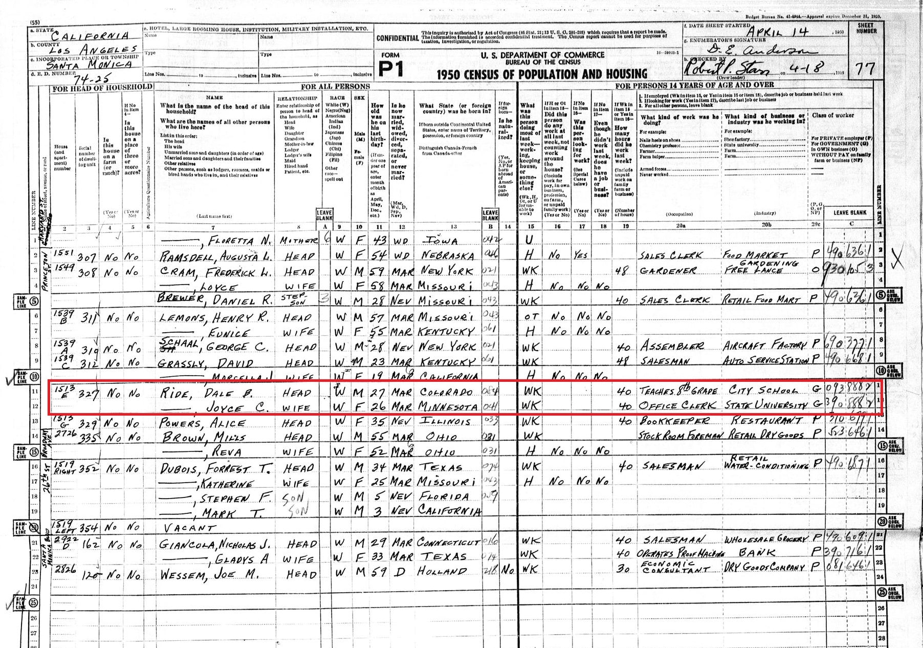 Image from the 1950 US Census on MyHeritage, showing a snapshot of Sally Ride's parents