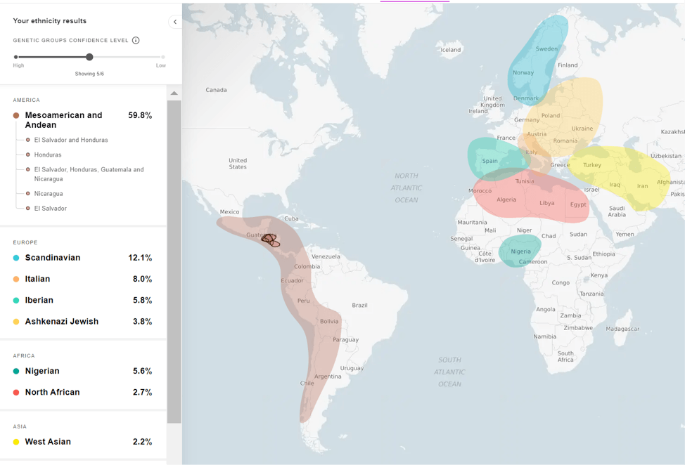 Ook al zijn haar etniciteiten vermengd met Europese, Afrikaanse en Aziatische invloeden, toch wijzen meerdere Genetische Groepen erop dat de oorsprong van de voorouders van deze gebruiker in Midden-Amerika ligt (klik om in te zoomen)