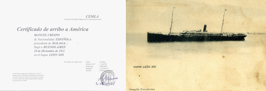 Manuel Crespo García’s immigration record to Argentina (left), and the actual ship that the family traveled on (right).