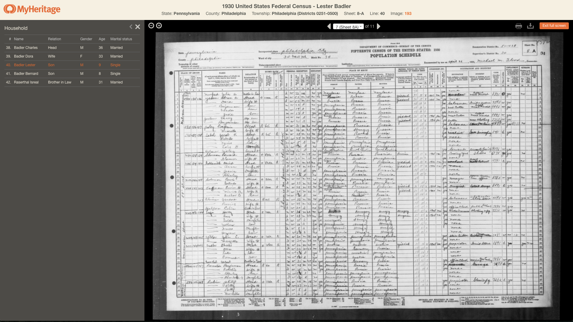 U.S. census record from 1930 where Hagar’s great-grandfather (on her mother’s side) Charles Badler is listed.