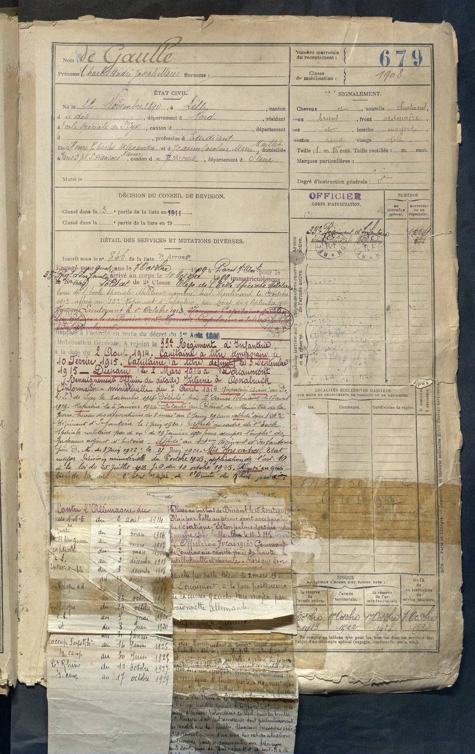 Military conscription entry for General Charles de Gaulle, found in the France, Military Conscripts of Seine collection.