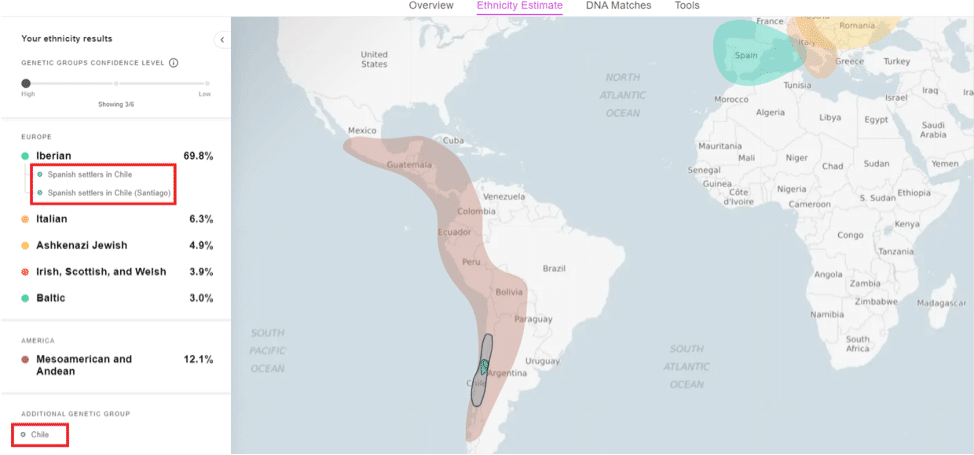 Beispiel für genetische Gruppen eines MyHeritage-Nutzers aus Chile, dessen Vorfahren aus Spanien stammen (zum Vergrößern, Bild bitte anklicken.)