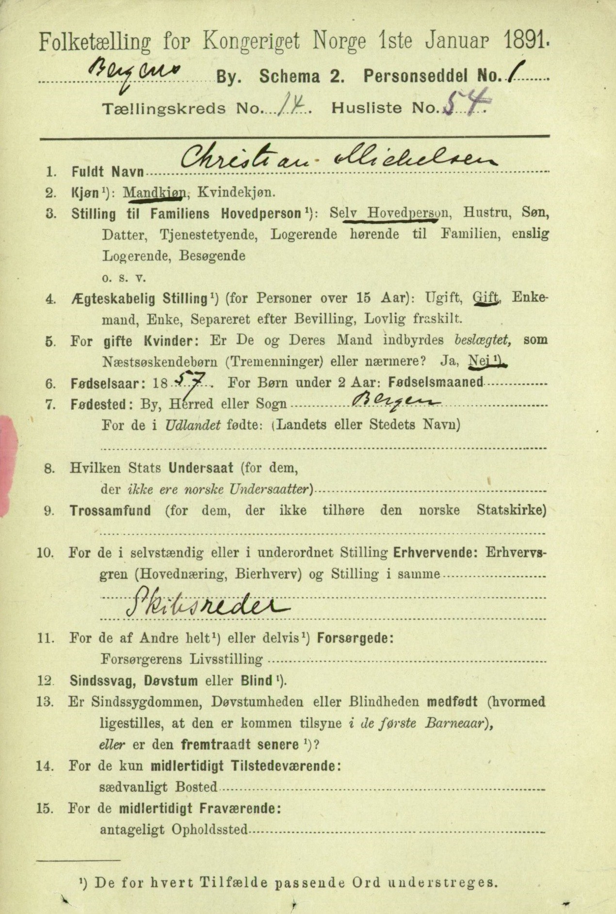 1891 norsk folkräkningsregister i MyHeritage SuperSearch för Christian Michelsen.