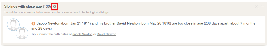 sample screenshot of "Siblings with close age" issue with "More information" icon highlighted