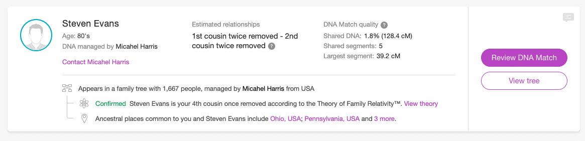 Podobieństwo DNA Match z potwierdzoną teorią (Kliknij, aby powiększyć) – Zrzut ekranu pochodzi z angielskiej strony MyHeritage