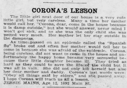 Ett utgrag av Jessie Mains berättelse, “Coronas lektion,” publicerad i The Tribune Junior, 26 oktober, 1918