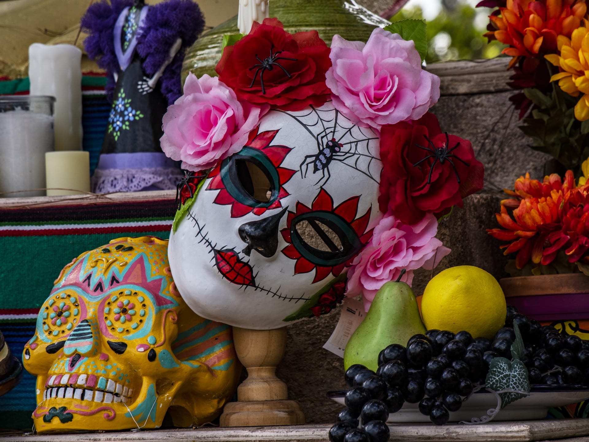 Typical Day of the Dead masks and decorations