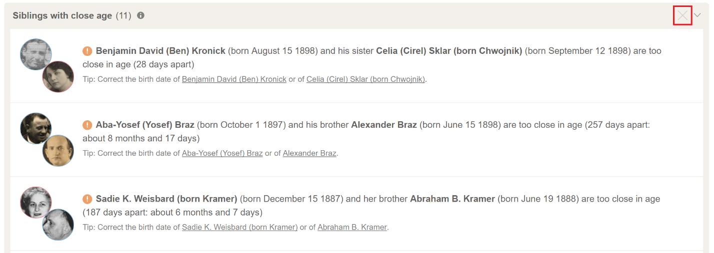 sample screenshot of "Siblings with close age" issue with "Disable entire check" button highlighted
