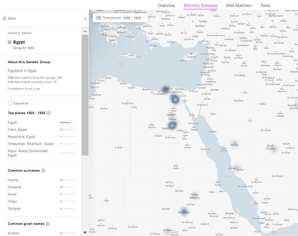 En MyHeritage-brugers oprindelse i Egypten afsløres gennem denne Genetiske Gruppe (klik for at zoome)