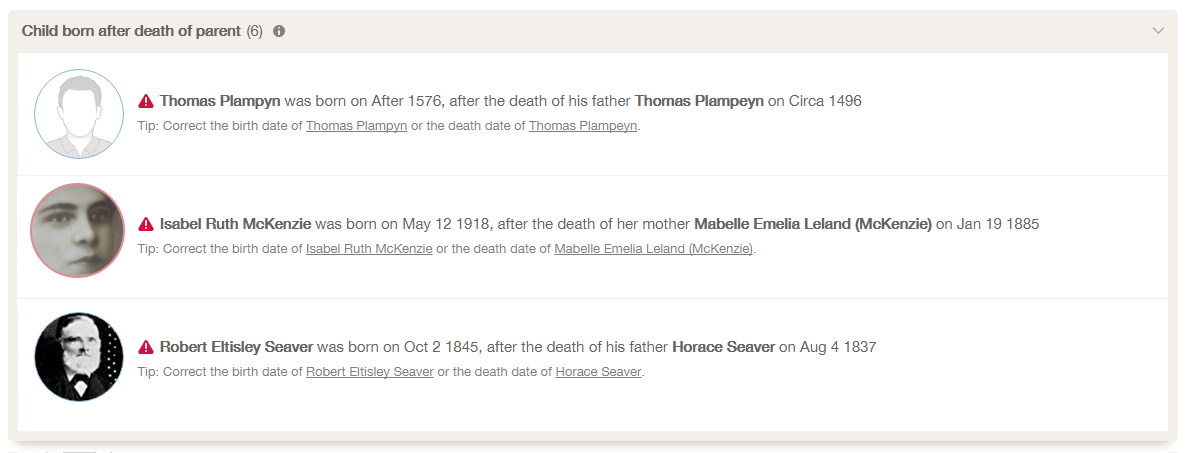 sample screenshot of "Child born after death of parent" issue