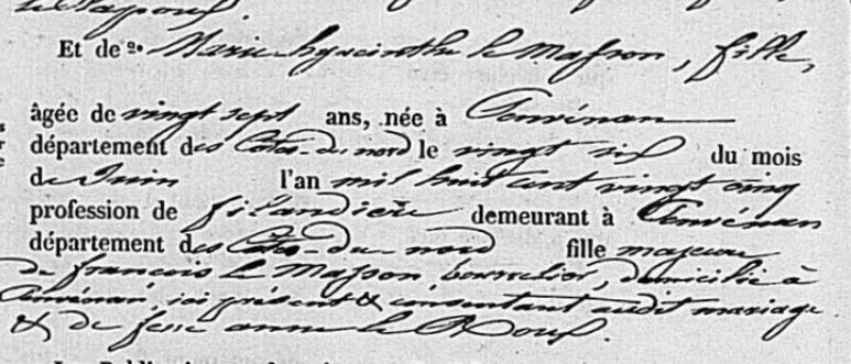 Image: Marriage certificate from 1852 of Marie Hyacinthe Le Masson, a filandière whose father, François Le Masson, was saddler.
