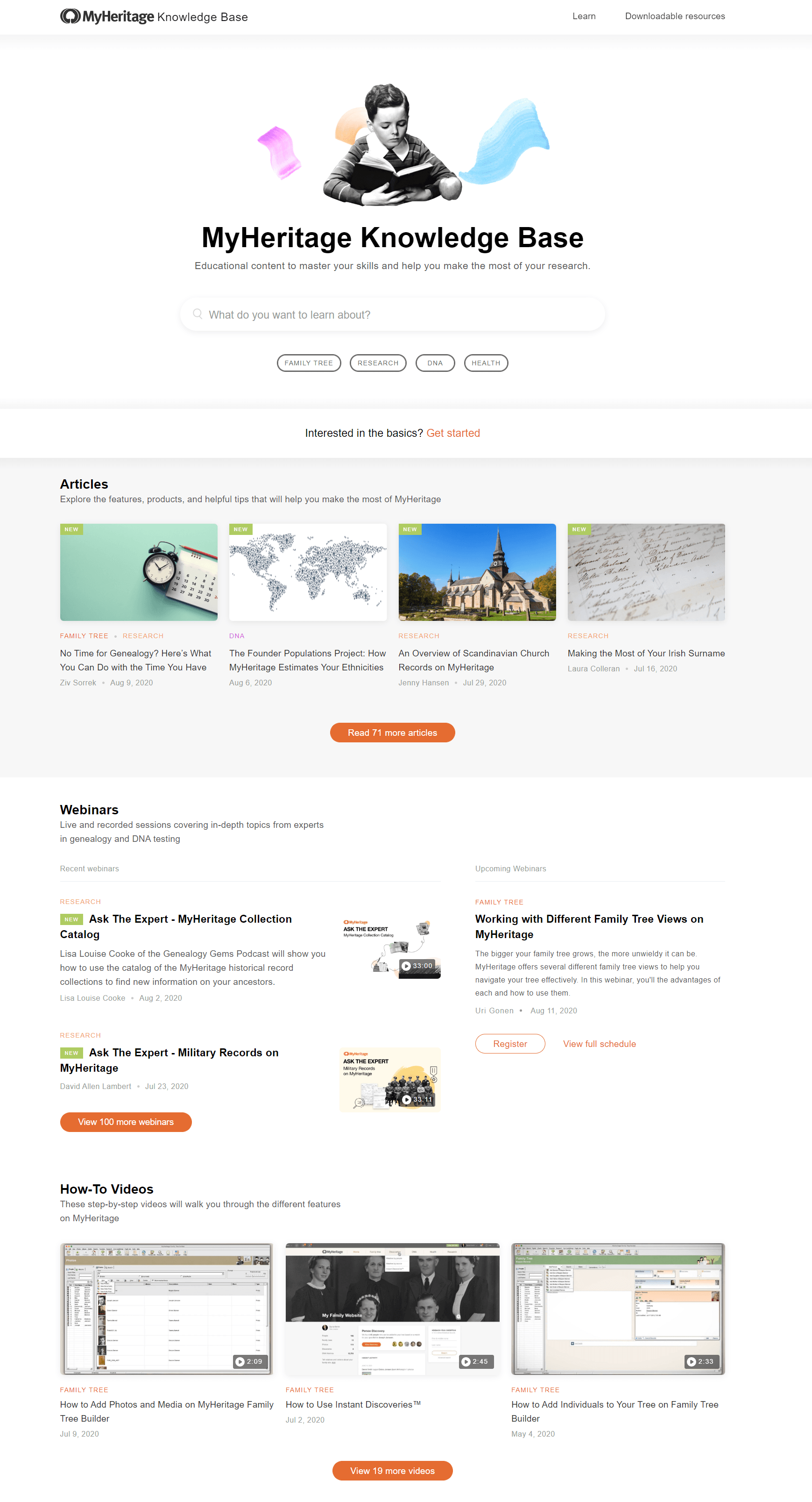 The new MyHeritage Knowledge Base homepage (click to zoom)