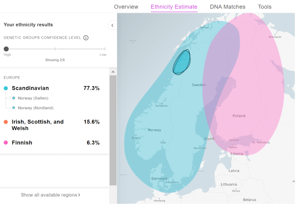 Voorbeeld van de resultaten van een MyHeritage DNA gebruiker uit Noorwegen. Twee Genetische Groepen wijzen naar een zeer specifiek gebied in Noorwegen als oorsprong van zijn voorouders (klik om in te zoomen)