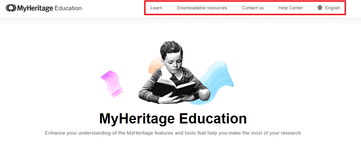 MyHeritage Uddannelse sidehoved