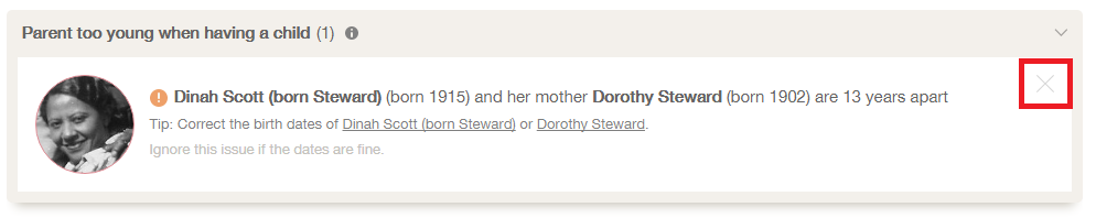 sample screenshot of "Parent too young when having a child" issue with "Ignore issue" button highlighted