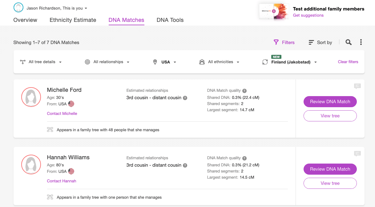 Applying multiple filters on DNA Matches (Click to zoom)