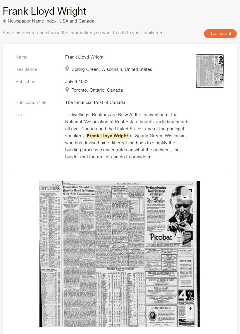 Rekord dotyczący Franka Lloyda Wrighta w Indeksie Nazwisk Gazet