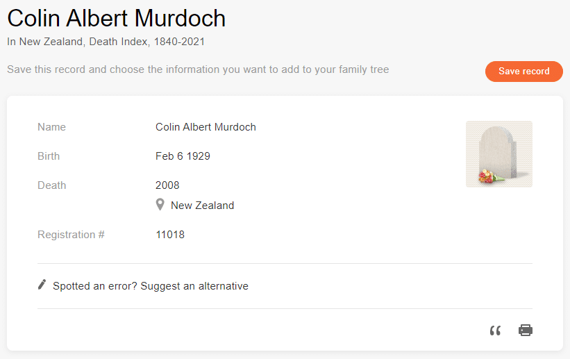 Death record of Colin Albert Murdoch [Credit: MyHeritage New Zealand, Death Index, 1840-2021]