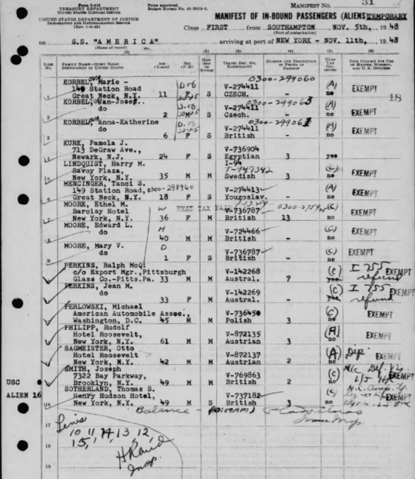 Record of Madeleine Albright’s arrival in the U.S. from the Ellis Island and Other New York Passenger Lists collection on MyHeritage
