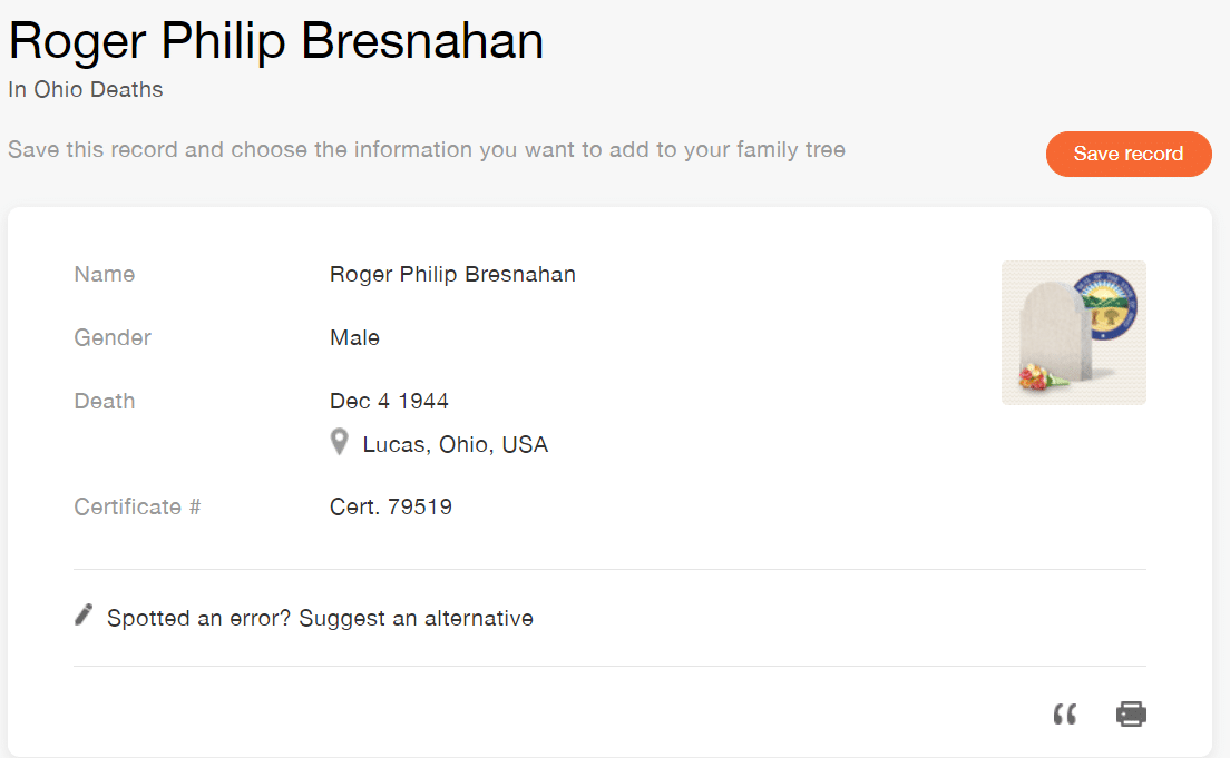 Death Record Roger Philip Bresnahan [Credit: MyHeritage Ohio Deaths]
