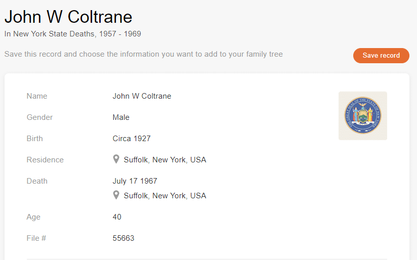 Death record of John W. Coltrane [Credit: MyHeritage New York State Deaths, 1957–1969]