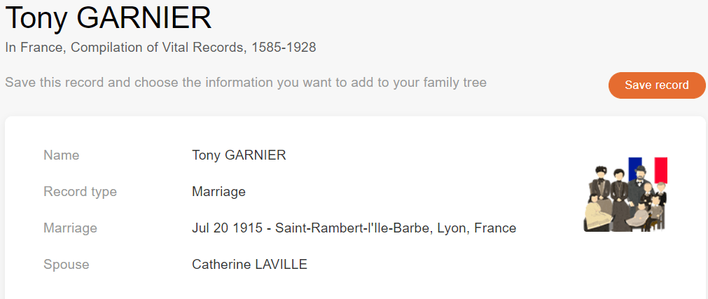 Marriage record of Tony Garnier and Catherine Laville, 1915. [Credit: MyHeritage France, Compilation of Vital Records, 1585–1928]