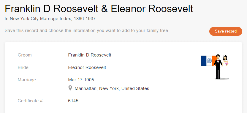 Marriage Record of Franklin D. Roosevelt and Eleanor Roosevelt [Credit: MyHeritage New York City Marriage Index, 1866–1937]