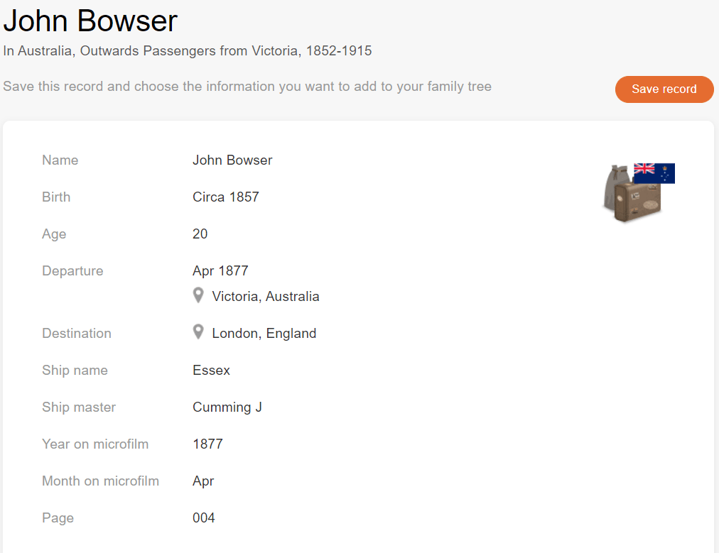 Passenger record of John Bowser [MyHeritage Australia, Outwards Passengers from Victoria, 1852–1915]