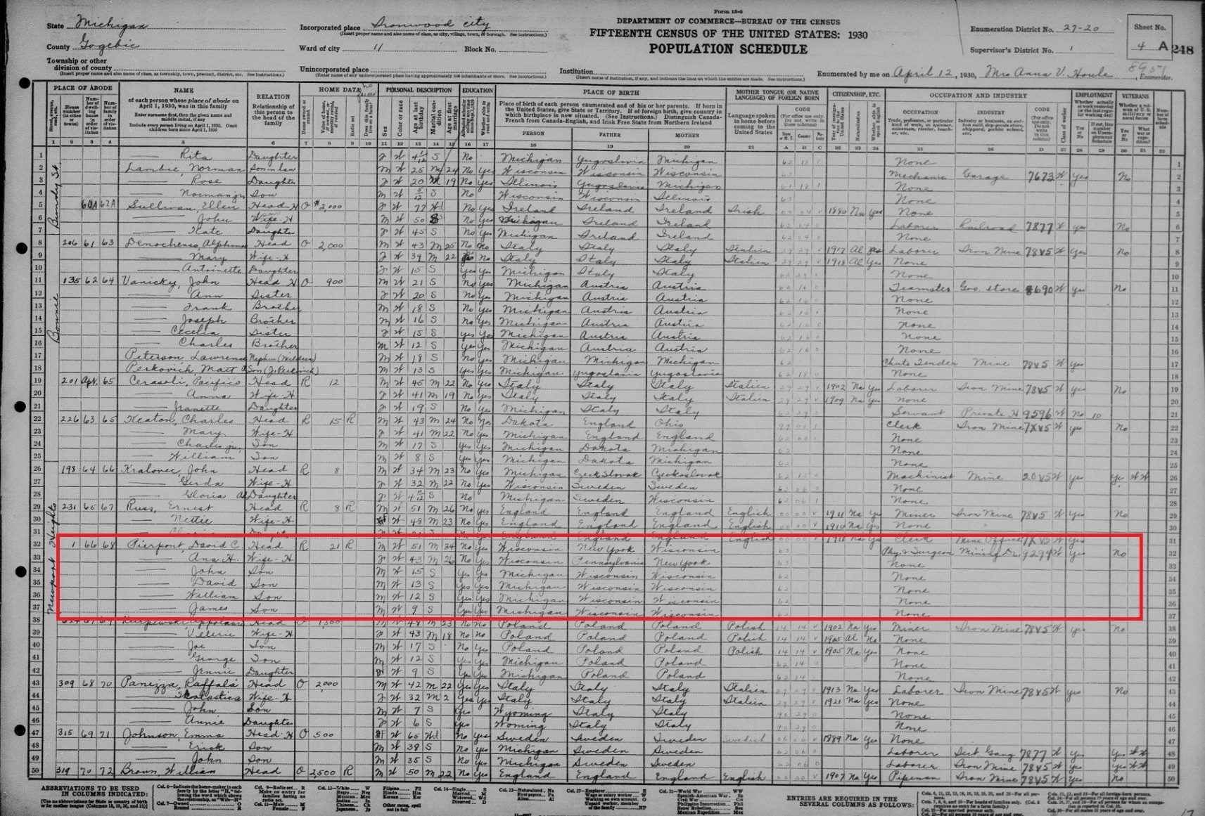 1930 Census Record of Dr. David Cowee Pierpont [Credit: MyHeritage]