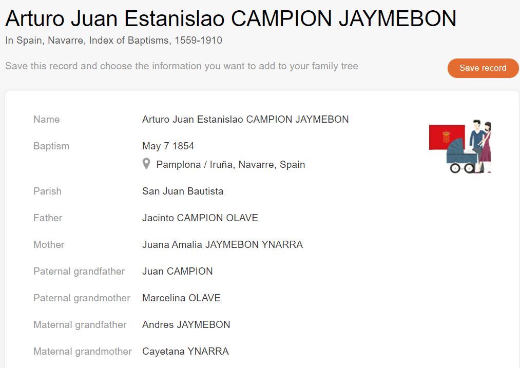 Baptism record of Arturo Juan Estanislao Campion Jaymebon [Credit: MyHeritage Spain, Navarre, Index of Baptisms, 1559–1910]