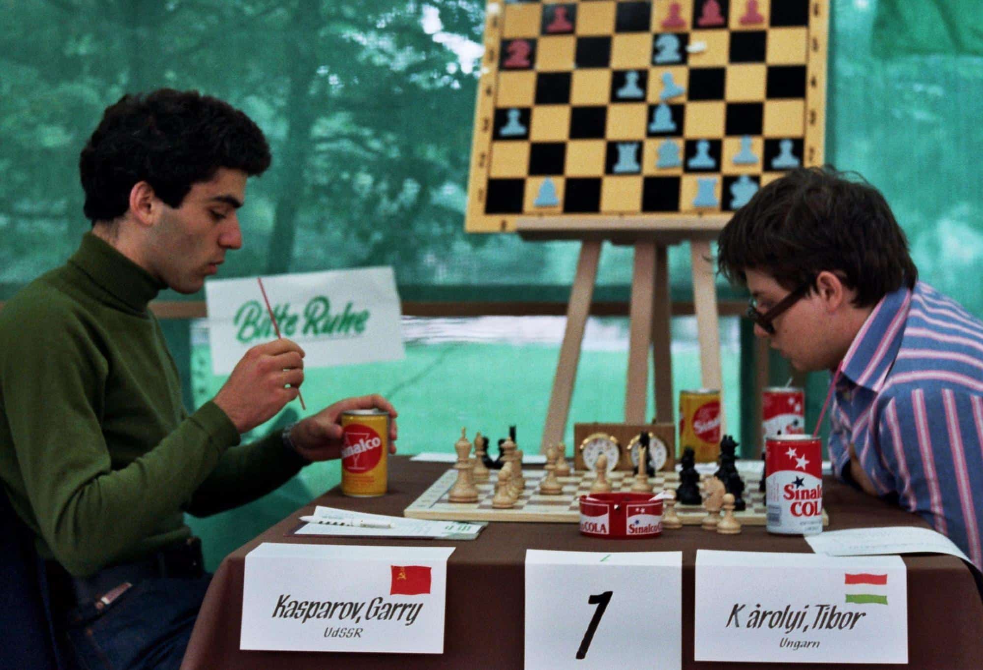 From left, Garry Kasparov with Tibor Karolyi, at the Junior Chess World Championship 1980 in  Dortmund [Credit: Gerhard Hund]