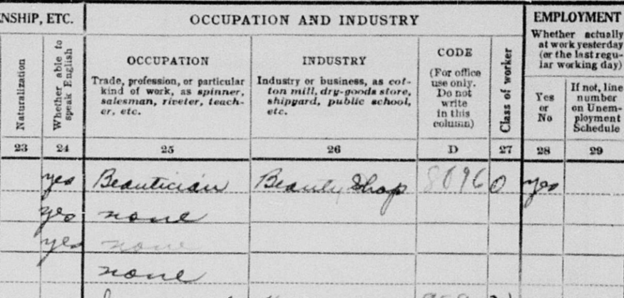1930 census listing Opal Jameson as a beautician who owned a beauty shop